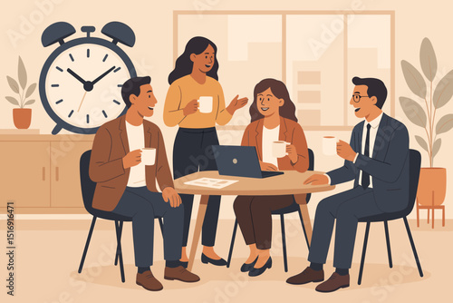 Coffee break collaboration with diverse colleagues. Business team meeting and discussion. Office workers brainstorming with laptop. Modern workplace communication and productivity. Teamwork concept.