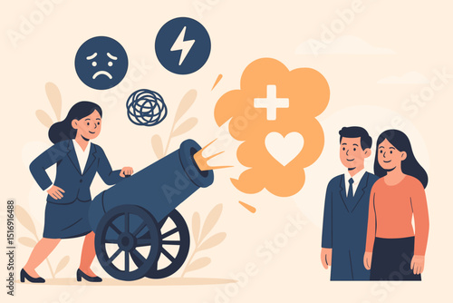 Concept of conquering negative emotions. Businesswoman fires cannon of positivity, support, and love towards colleagues. Overcoming adversity, stress relief, mental well-being, emotional aid.