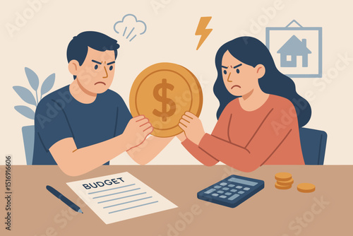 Financial dispute angry couple fighting over family budget money. Man woman conflict about debt savings. Relationship problems household expenses. Economic stress financial crisis concept.