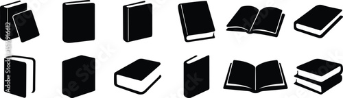 Black book icon set featuring open books, closed books, stacked books, and reading symbols for educational or literary design