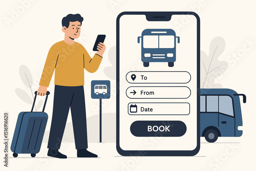 Man uses smartphone app for online bus ticket booking with luggage for travel. Mobile public transport reservation, e-ticketing, journey planning. Digital pass for tourist, commuter. Vector.