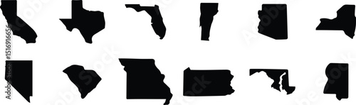 Black silhouette map icon set of U.S. states including Texas, California, Florida, New York, and more regional outlines.
