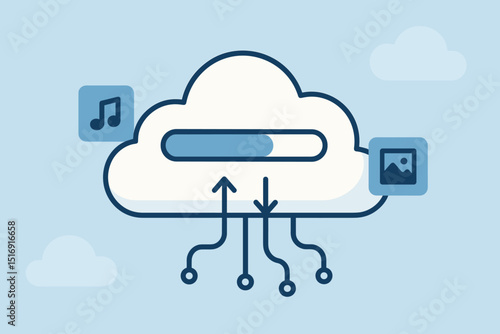 Cloud data transfer illustration. Upload download progress bar. Digital files storage, media backup server technology. Internet computing network service, online sync and hosting concept vector.
