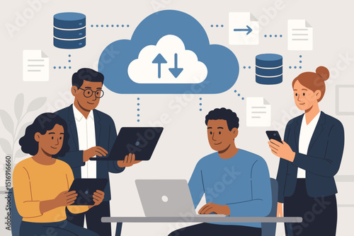 Cloud computing teamwork. Business collaboration. Online data sharing. File storage service. Remote work technology. People with laptop, tablet. Global network connection. Digital information. Vector.