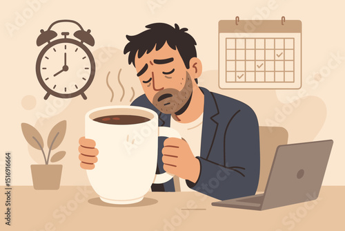 Tired businessman experiencing burnout needs coffee recharge for energy. Exhausted office worker with big mug. Deadline stress, caffeine addiction, fatigue concept. Work overload illustration.