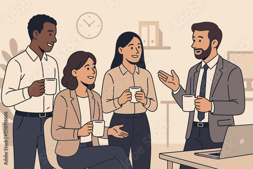 Office coffee break diverse colleagues chat. Business team communication, collaboration. Professionals networking, sharing ideas. Workplace interaction, positive environment. Team building.