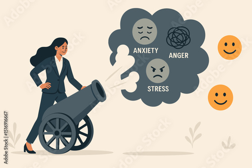 Businesswoman conquering negativity. Emotional stress cannon transforming anxiety, anger, stress to positive. Mental health, emotional regulation, problem-solving concept.