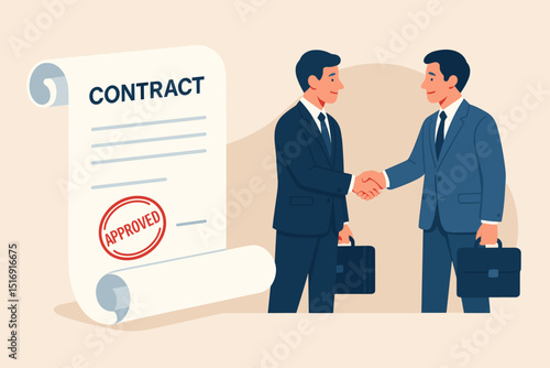 Businessmen handshake agreement vector. Successful partnership deal concept. Approved contract, professional cooperation. Corporate executives meeting. Signed document, success. Financial negotiation.