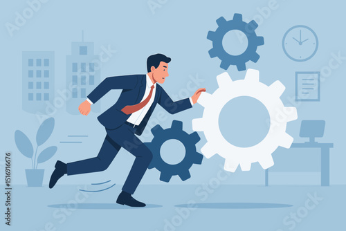 Dynamic productivity drive with businessman running on gears, symbol of executing work and progress. Office efficiency, motivation, workflow optimization. Corporate strategy for success.