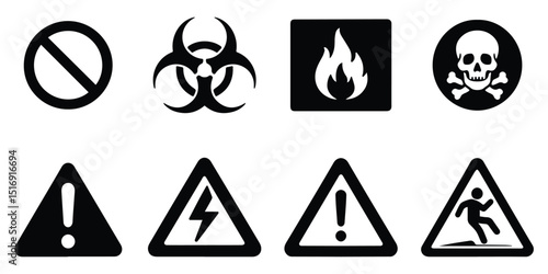 Danger and warning sign icon collection featuring biohazard, flammable, skull, exclamation, and triangular alert symbols