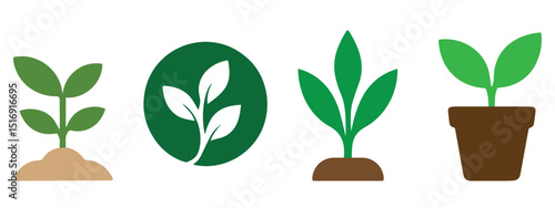 Green plant and sapling logo icon set in colored vector style representing growth, ecology, nature, and environmental conservation