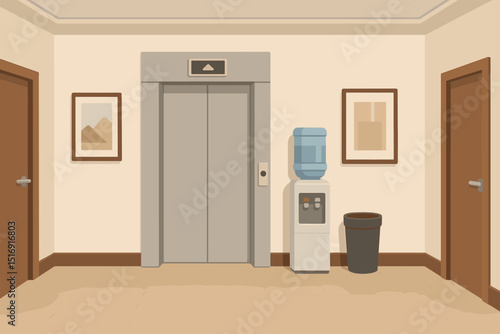 Modern office corridor interior with elevator doors, water cooler, and trash can. Vector illustration of a contemporary business building lobby or hallway design. Empty waiting area concept.