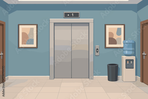 Empty modern office corridor with closed elevator doors and water cooler. Vector illustration of a contemporary hallway interior design, lift access, and business building amenities.