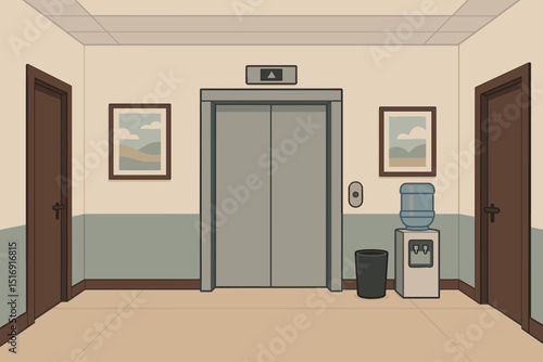 Modern office corridor interior with elevator doors, water cooler, and artwork. Empty hallway in business building or hotel. Flat vector illustration of contemporary waiting area design.