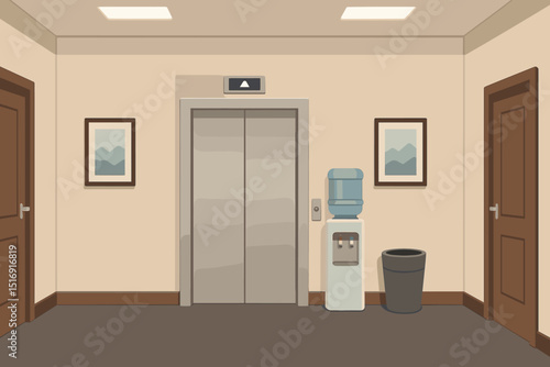 Empty modern office corridor interior with elevator, water cooler, doors. Vector illustration of a vacant contemporary workplace hallway. Business building lobby. Indoor architectural design.