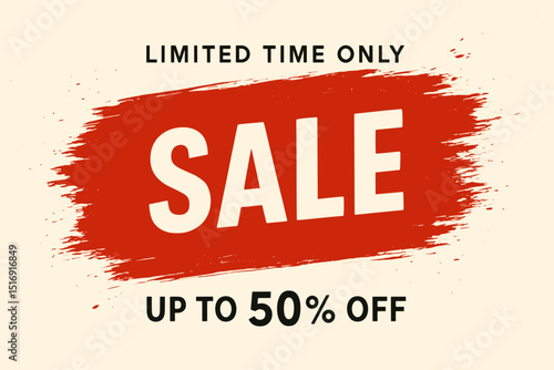 Sale promotion banner 50 percent off limited time only. Vector graphic for retail discount advertising. Modern red brush stroke design. Special offer marketing illustration for clearance deals.