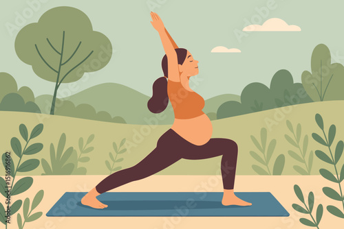 Pregnant yoga serenity. Woman warrior pose park. Prenatal exercise maternity fitness. Expecting mother healthy lifestyle. Outdoor nature wellness. Mindfulness relaxation peace. Health care vector.