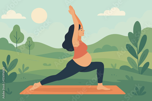 Pregnant woman practicing yoga warrior pose outdoors in serene nature park. Prenatal exercise for expecting mothers. Maternity fitness, health, wellness, active lifestyle concept. Vector.