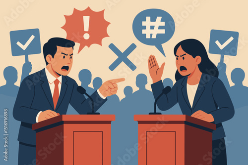 Political debate illustration. Man and woman arguing. Election candidates. Podium speech. Conflict, disagreement concept. Public speaking. Confrontation, rivalry. Communication breakdown. Vector.