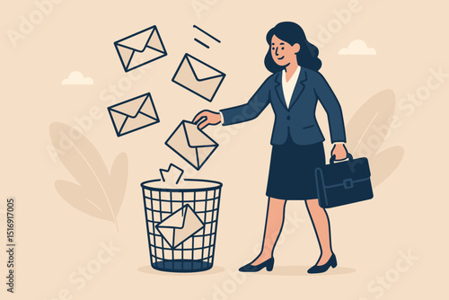 Businesswoman discards unwanted spam emails into trash bin. Concept for inbox decluttering, junk mail filtering, data protection, cybersecurity awareness, and effective information management.