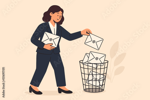 Businesswoman discarding spam mail into trash. Email overload, inbox management. Digital declutter, junk mail filtering, information hygiene. Office communication vector concept.