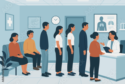 Medical queue with diverse patients waiting for doctor at hospital reception. Modern clinic interior with people in line for healthcare consultation and treatment. Patient care. Vector.