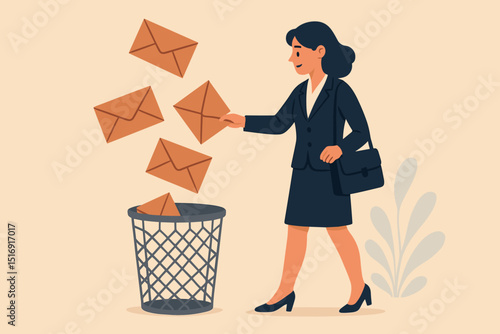 Businesswoman discarding spam mail, junk letters into trash can. Office worker deleting unwanted emails. Concept for email security, phishing protection, inbox declutter, data privacy.