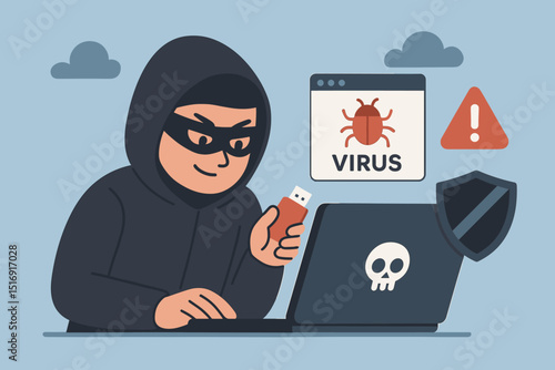 Masked cyber intruder, hacker activity. Cartoon character with laptop, USB stick. Computer virus, malware, data breach, phishing, online fraud. Cybersecurity concept.