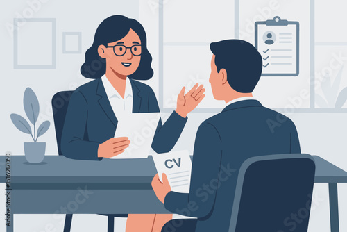 Corporate job interview scene with HR manager reviewing CV. Candidate discussing experience for employment. Business recruitment process and hiring concept. Professional meeting.