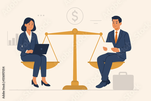 Equal pay workplace balance. Gender equality concept. Man woman on scales. Fair salary justice. Business professionals comparison. Career opportunity. HR metaphor. Diversity inclusion.