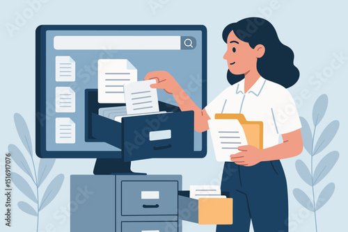 Office clerk organizing files, document management system concept. Woman character working with computer and archive cabinet for data storage and retrieval. Administration and bureaucracy vector.