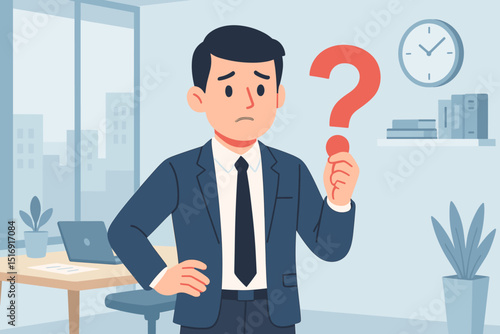 Confused businessman holding question mark. Employee seeking answers in office, facing problem. Business uncertainty, decision making, faq, support, query, solution concept. Cartoon vector.