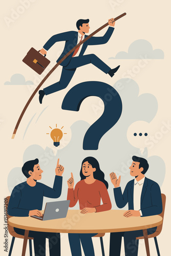 Problem solving concept with businessman pole vaulting over question mark. Team brainstorming innovative ideas. Business metaphor for challenge, solution, strategy, leadership, teamwork. Vector.