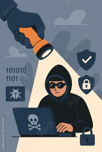 Cybersecurity concept with hacker under flashlight. Data protection, cybercrime, internet security, anonymous user with laptop, virus, and malware. Security breach investigation.