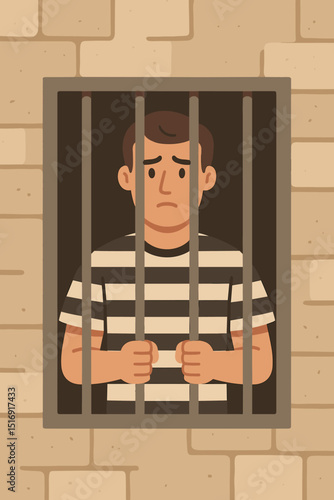 Prisoner behind bars illustration. Inmate in striped uniform, sad convict in jail cell window. Concept of crime, punishment, justice, confinement, despair, trapped. Vector cartoon.