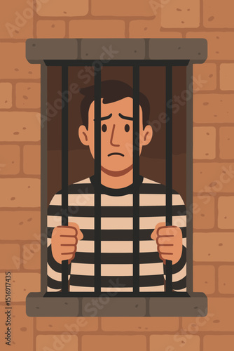 Sad cartoon prisoner behind jail bars. Man in striped uniform confined in cell. Concept of crime, justice system, punishment, inmate, despair, guilt, and loss of freedom. Legal illustration.