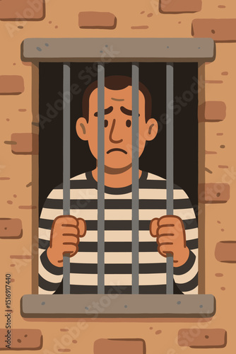 Prisoner behind bars cartoon illustration. Man in striped uniform in jail cell. Concept of crime, justice, punishment, guilt, despair, and confinement. Incarceration symbol.