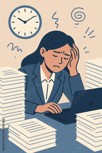 Overwhelmed businesswoman, office stress, burnout. Deadline pressure, workload fatigue. Exhausted female worker, anxiety, mental health crisis. Professional under pressure, too much work.