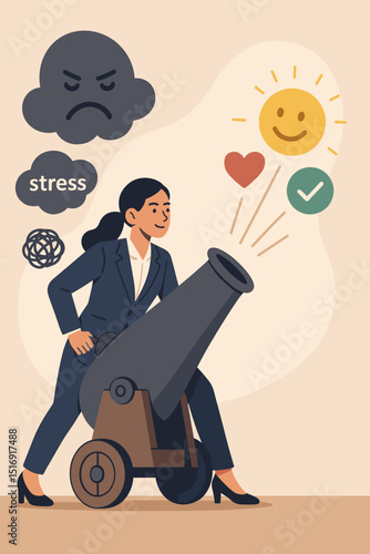 Businesswoman conquering stress creatively. Woman shooting positive symbols from cannon to defeat negativity. Mental health, optimism, problem-solving, success vector.