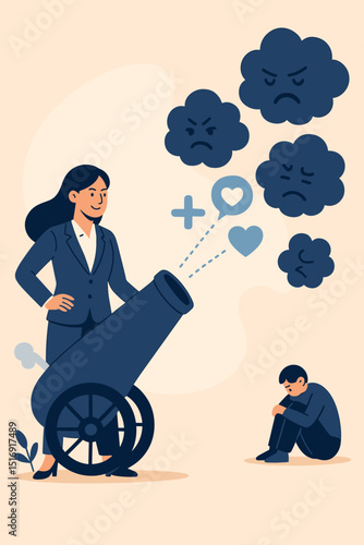 Businesswoman conquering stress creatively. Positive psychology metaphor. Woman with cannon shoots love, support to sad man. Overcoming negativity, adversity. Mental health concept.