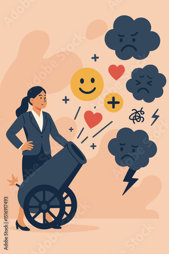 Businesswoman conquering stress creatively. Positive thinking cannon shoots smiles, hearts at negative emotion clouds, lightning. Mental health, resilience concept.