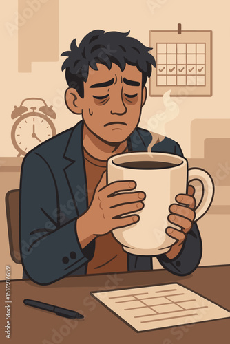 Exhausted man with big coffee cup, battling workday fatigue and stress. Office worker needing caffeine energy boost for productivity and deadlines. Monday morning blues concept.