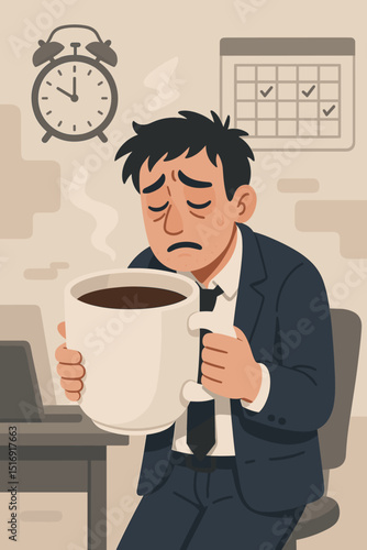 Exhausted businessman, tired office worker with giant coffee mug. Burnout, caffeine addiction, deadline stress. Monday morning concept, needing energy boost. Overworked employee.
