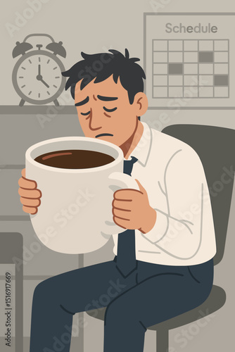 Exhausted businessman holding oversized coffee mug. Metaphor for burnout, caffeine dependence, and work stress. Tired office worker needing energy boost. Monday morning concept. Vector.