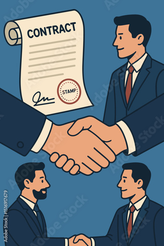 Successful partnership agreement sealed with handshake. Businessmen closing deal with signed contract and stamp. Concept of cooperation, trust, and professional collaboration. Vector illustration.