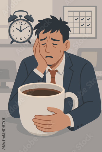 Tired businessman burnout concept. Overworked employee with huge coffee cup at office desk. Stress, fatigue, deadline pressure. Exhausted man needs energy. Monday morning. Productivity.