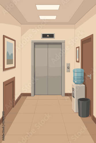 Modern office hallway interior with closed elevator doors, water cooler, and framed artwork. Empty corridor scene. Vector illustration background for business or building design.