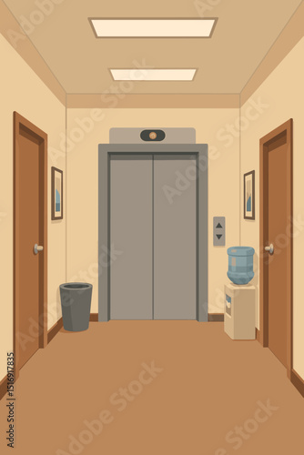 Modern office hallway interior vector illustration with closed elevator doors, water cooler, and doorways. Clean building corridor design for business or corporate concept.