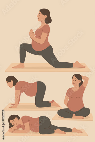 Pregnant woman practicing diverse prenatal yoga poses. Vector illustration set for maternal health, fitness, and relaxation. Gentle exercises, stretching, meditation for expectant mothers.