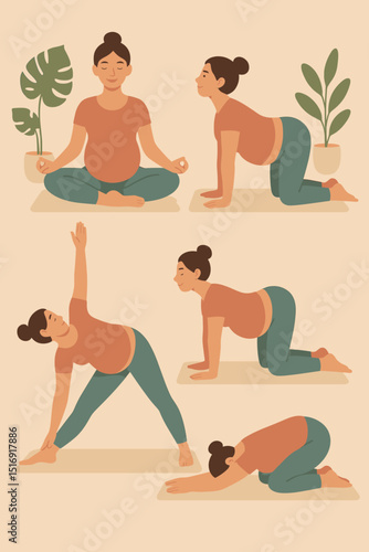 Prenatal yoga poses set. Pregnant woman practicing exercises for healthy pregnancy. Motherhood wellness, fitness, meditation, relaxation. Healthy lifestyle concept. Vector illustration.